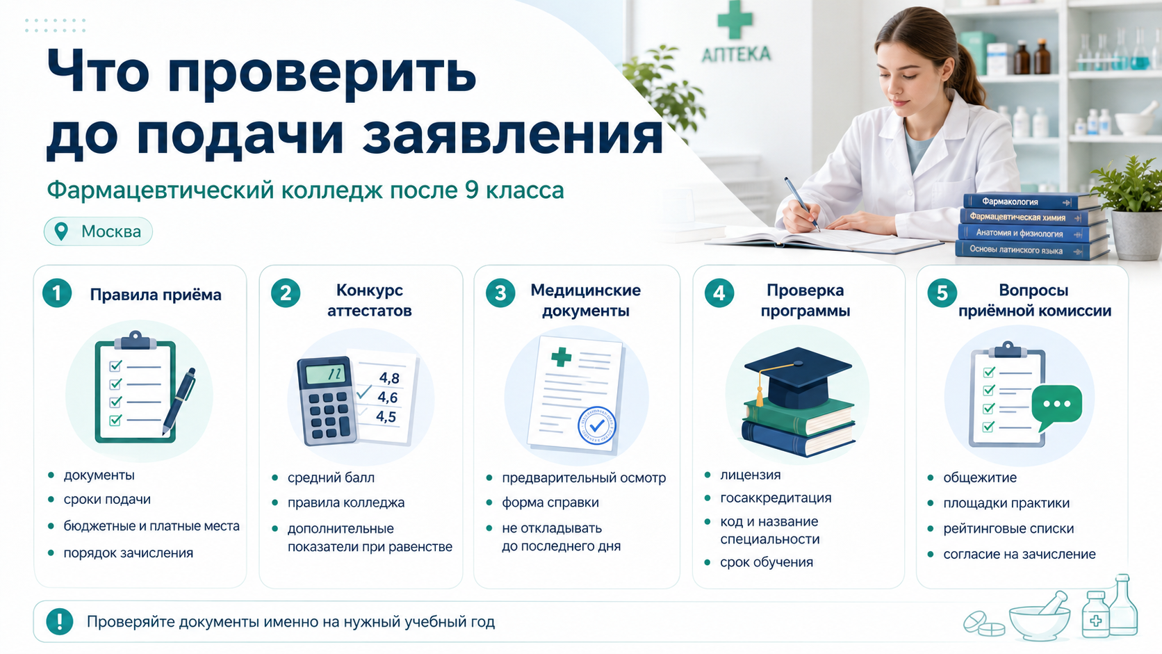 Подготовка к первому учебному дню в фармацевтическом колледже: повторение химии, математики и биологии, организация учебной недели, система записей, развитие навыков общения и финансовое планирование.